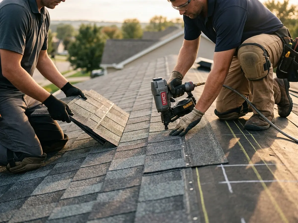Professional roofer working on a residential roof in Big Lake